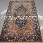 tappeto persiano kum extrafine fondo blu e salmone misto seta 213x139 cm