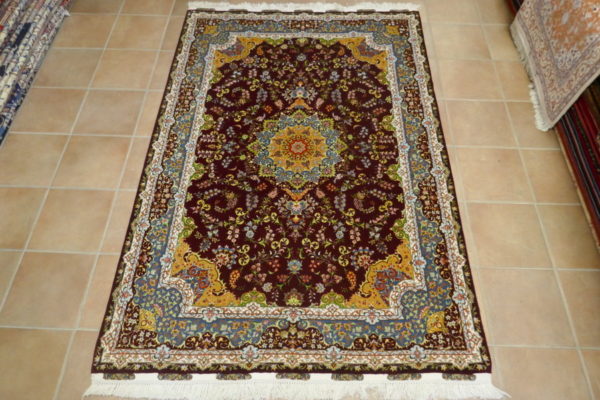 tappeto persiano tabriz 60 raj misto seta bordeaux da salotto