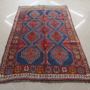 tappeto antico persiano lori geometrico blu e rosso