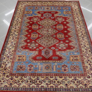 tappeto orientale kazak da salotto geometrico rosso azzurro avorio