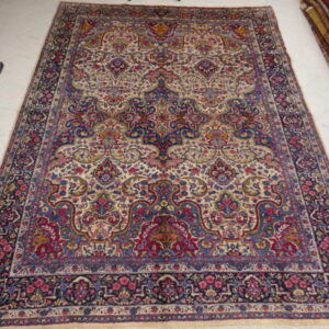 tappeto persiano kirman da salotto molto elegante fondo blu-avorio