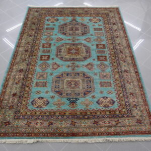 tappeto orientale afghano kazak da sala fondo turchese