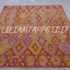 kilim afghano da salotto multicolore giallo arancione lilla in lana 224x181 cm
