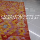 kilim afghano da salotto multicolore giallo arancione lilla in lana 224x181 cm