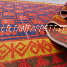 antico tappeto karakalpak uzbeco fondo blu giallo rosso da salotto 360x152 cm