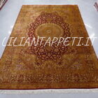 tappeto persiano kum tutto seta extrafine fondo bordeaux, giallo, oro, avorio firmato 304x196 cm