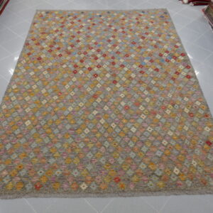 Kilim Afghano da salotto fondo, grigio, arancio, rosso, azzurro