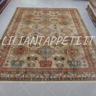 grande tappeto da sala kazak molto decorativo con grandi motivi geometrici senza il medaglione fondo color avorio, beige 317x250 cm