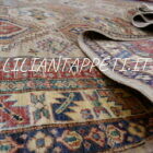 grande tappeto da sala kazak molto decorativo con grandi motivi geometrici senza il medaglione fondo color avorio, beige 354x249 cm