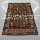 tappeto antico caucasico karabagh kazak con boteh stilizzati e colorati su fondo nero da sala 202x145 cm