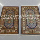 Scendiletti afghani orientali kazak fondo verde-azzurro disegno geometrico 98x59-101x64 cm
