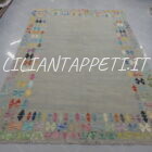 kilim afghano di lana moderno fondo grigio chiaro tinta unita e cornice colorata 292x200 cm