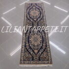 tappeto persiano nain 9 fili fondo blu fondoletto passatoia 210x62 cm