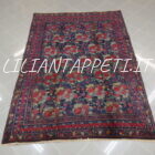 vecchio tappeto persiano afshari sirjan fondo blu con mazzi di fiori verde e rosso sul campo lana su cotone 220x158 cm