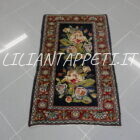 piccolo tappeto antico persiano bijar fondo blu con mazzi di fiori 100x60 cm lana su cotone
