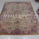 Tappeto persiano Kirman antico primi 900 in lana su cotone 352x270 cm fondo avorio con i fiori multicolori