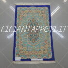 piccolo tappeto persiano kum tutto seta fondo azzurro verde 115x75 cm