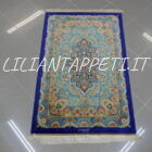 piccolo tappeto persiano kum tutto seta fondo azzurro verde 115x75 cm