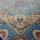 piccolo tappeto persiano kum tutto seta fondo azzurro verde 115x75 cm