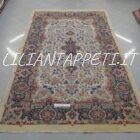 Tappeto persiano Kirman vecchio anni 50 in lana su cotone 284x183 cm fondo avorio con i fiori multicolori