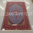 tappeto persiano keshan firmato shadsar classico fondo azzurro da salotto 217x143 cm in lana su cotone