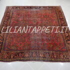 Antico tappeto Saruk Americano persiano rosa salmone vintage con disegno floreale a tutto campo, primo Novecento, 236x225 cm