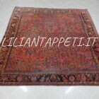 Antico tappeto Saruk Americano persiano rosa salmone vintage con disegno floreale a tutto campo, primo Novecento, 236x225 cm